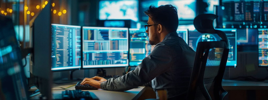 A businessman is using enterprise search software on his computer.